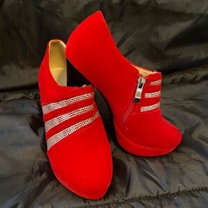 Herstyle: Red Suede- Rhinestone, Size 6, Ankle Heels